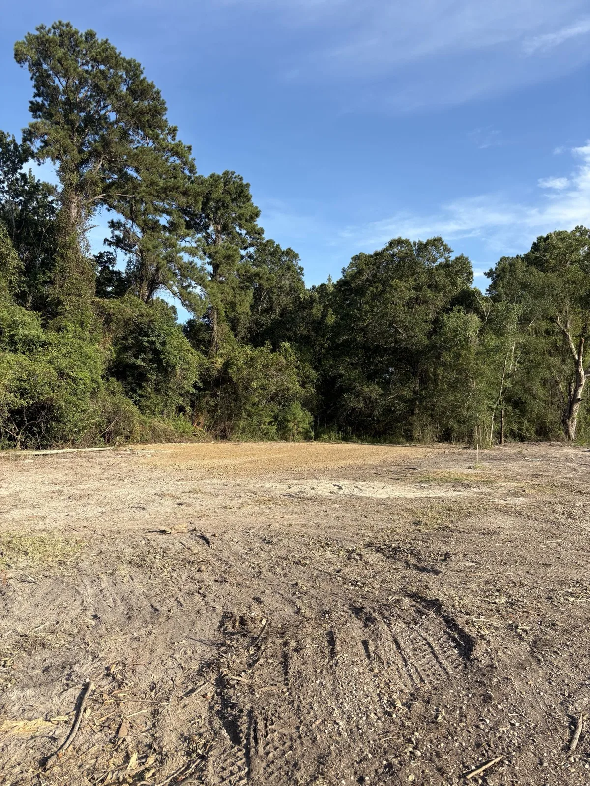 Cleared lot with a graded gravel pad and pine trees behind it near Hammond, LA