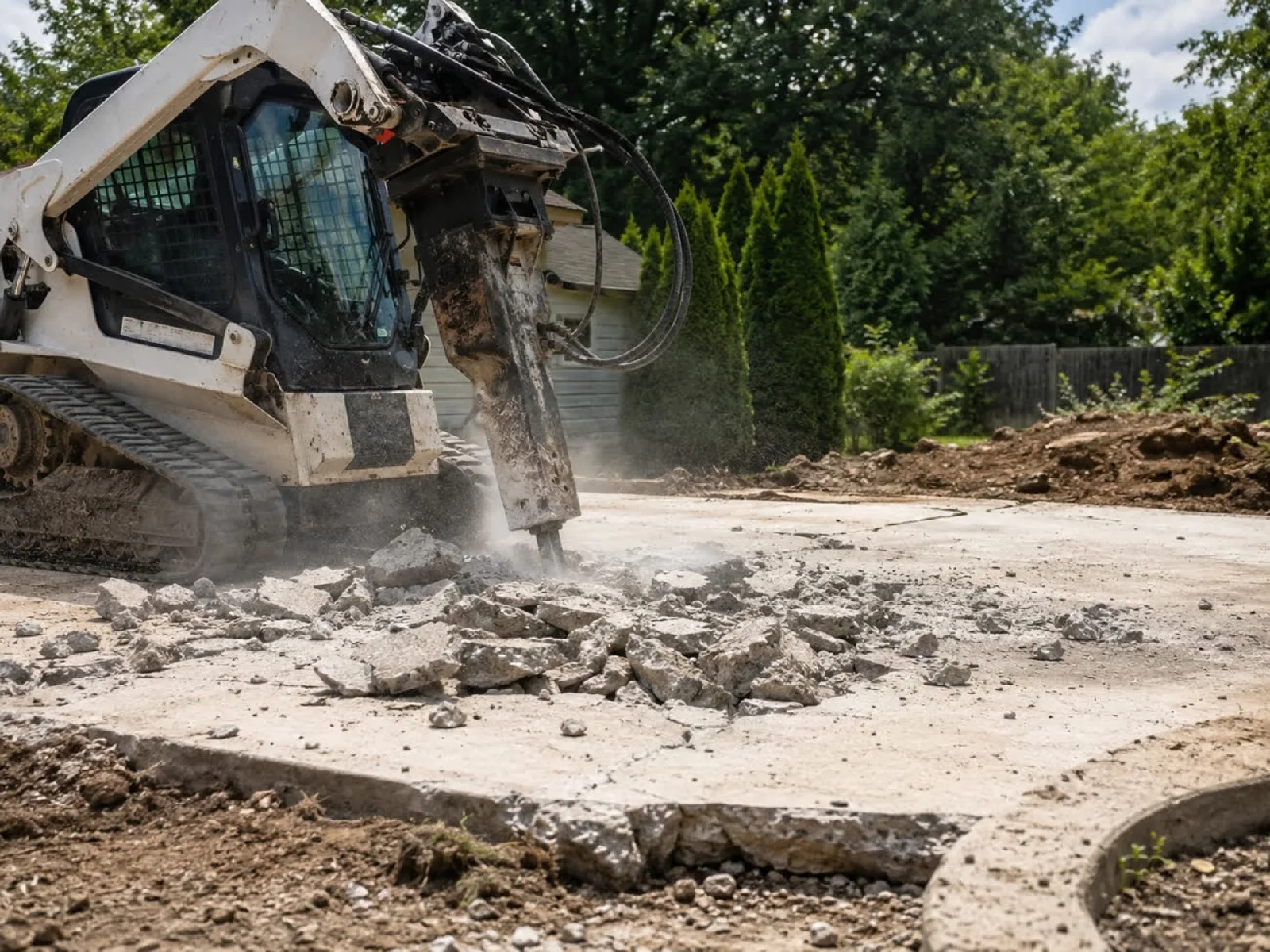 Skid steer with a breaker attachment breaking out an old concrete driveway